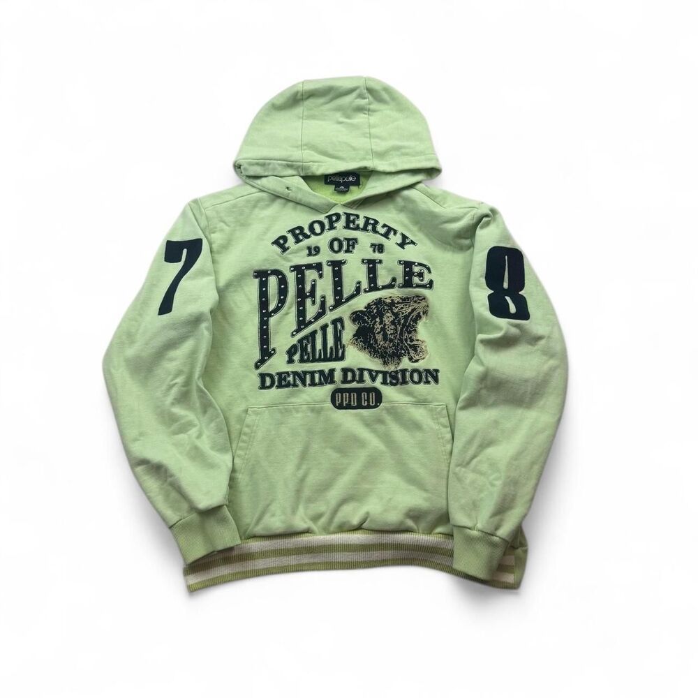 Vintage Y2K Pelle Pelle Studded Hoodie Lime Green Grunge Skater Sweatshirt Sz L